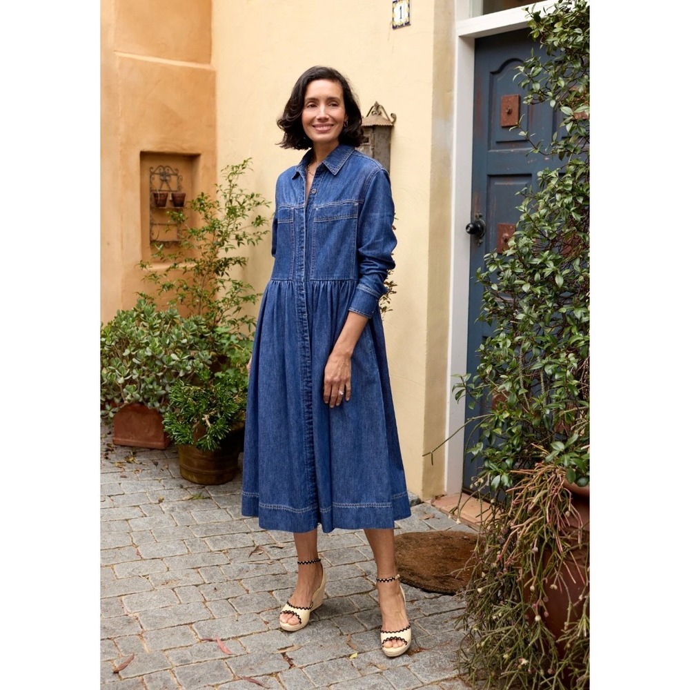 MAYE The Label Harper Long Sleeve Denim Shirt Dress Mid Blue Large NWT Modest